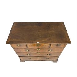 18th century walnut straight-front chest, rectangular crossbanded top, fitted with three short over three long graduating drawers, each with feather banded facias, lower moulded edge over bracket feet