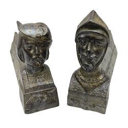 Pair of French 20th century fire dogs, depicting a knight and soldier, H15cm