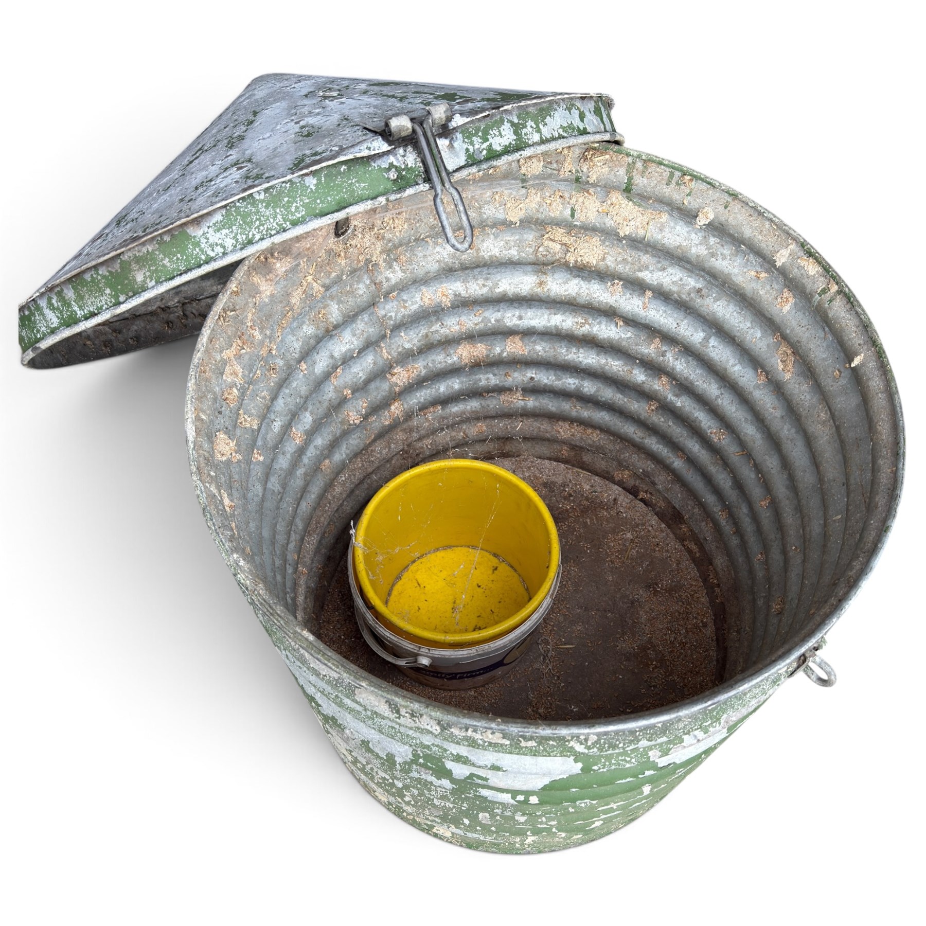Galvanised storage drum with cover, of ribbed design in rustic green-painted finish