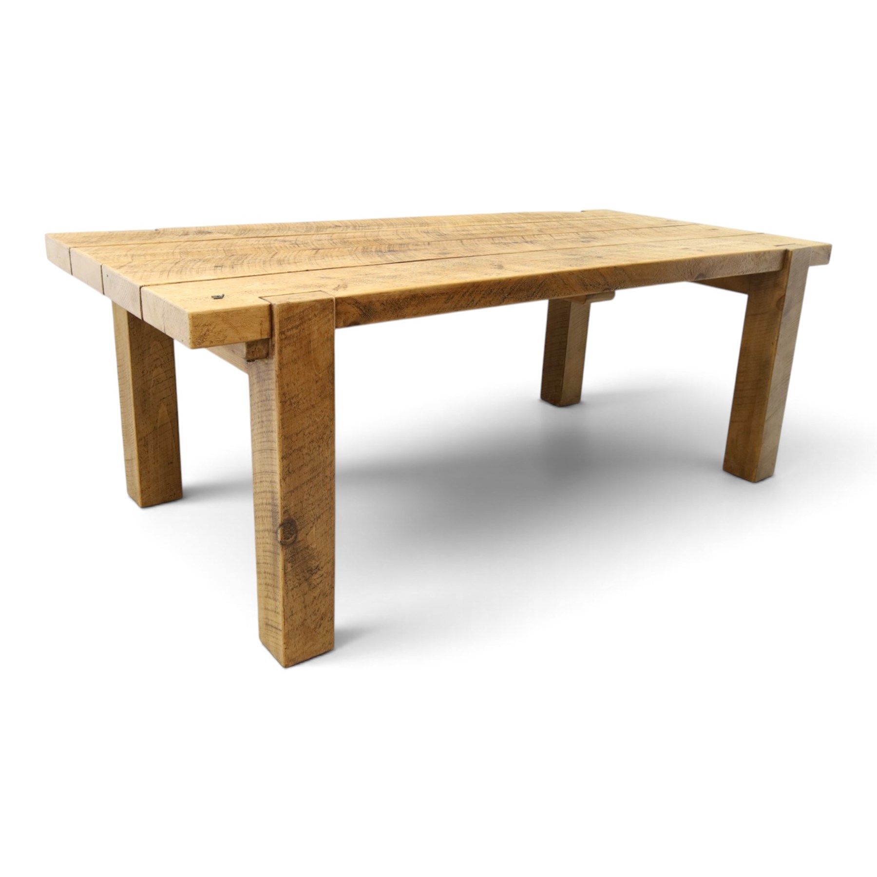 Indigo Furniture - large rustic oak dining table, rectangular four plank top raised on square supports; with set of six beech high ladder-back dining chairs