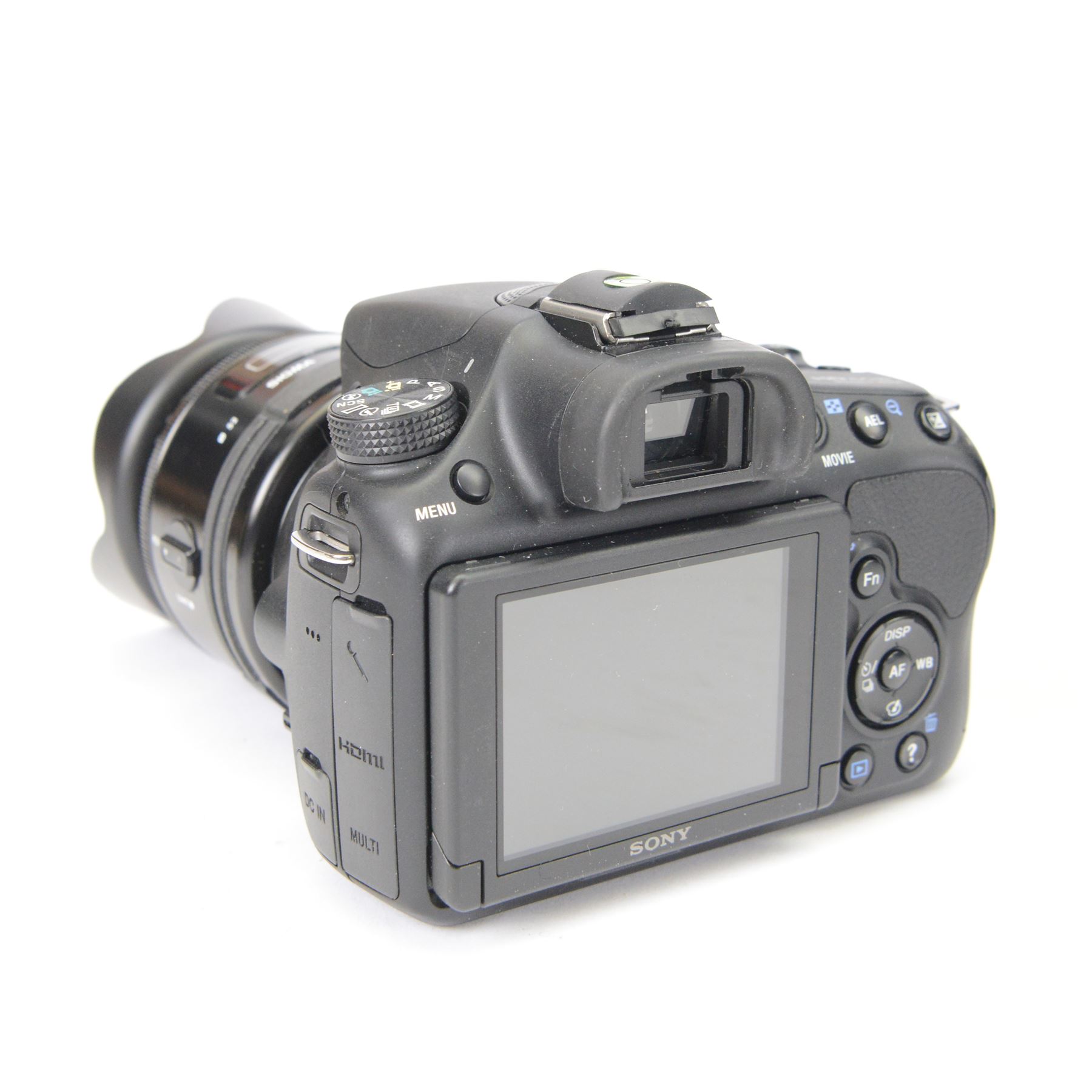 Sony Alpha A58 digital SLT camera serial no. 4656192, with a Sigma AF Macro 1:2.8 f-90mm lens serial no. 2000943, in Huwang soft carry case
