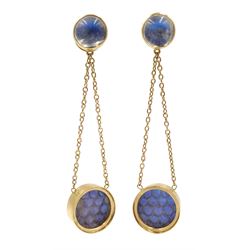Pair of 18ct gold rainbow moonstone pendant earrings, cabochon and carved scale design by Ouroboros
