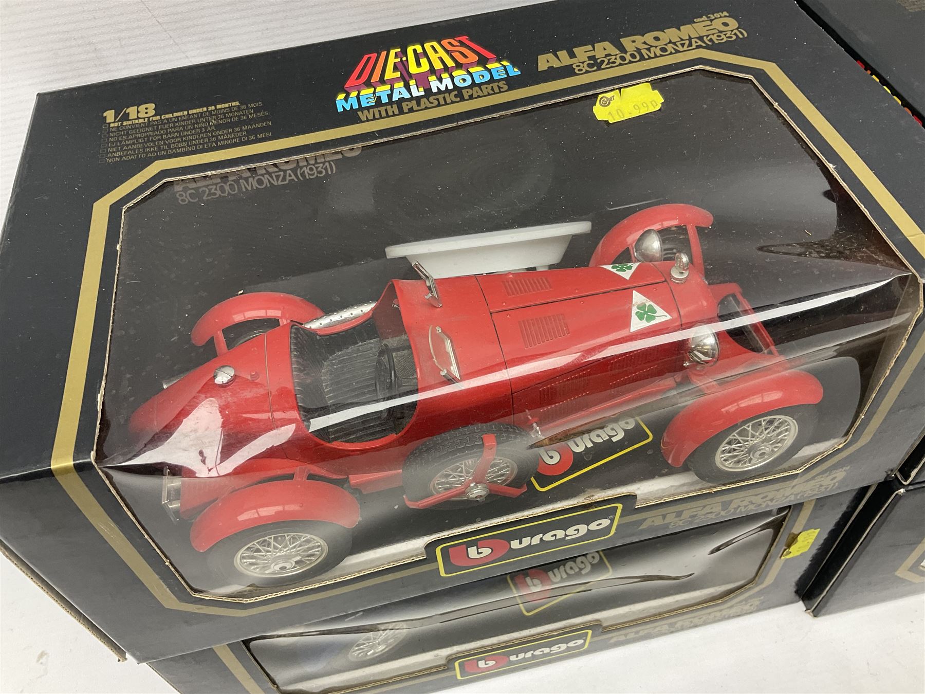 Bburago - seven 1:18/1:20 scale die-cast models comprising Jaguar SS100 (1937), Alfa Romeo 8C 2300 Monza (1931), Alfa Romeo 2300 Spider (1932), Ferrari Testarossa (1984), Bugatti Type 59 (1934), Mercedes Benz 500K Roadster (1936) and Ferrari 250 Testa Rossa (1957); all boxed (7)