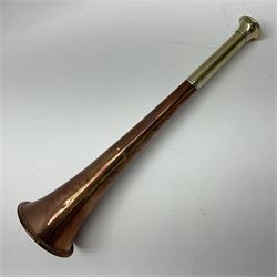 Late 19th century copper and silver plate hunting horn, stamped Swaine & Adeney London Proprietors of Kohler & Son Made in England, L23.5cm