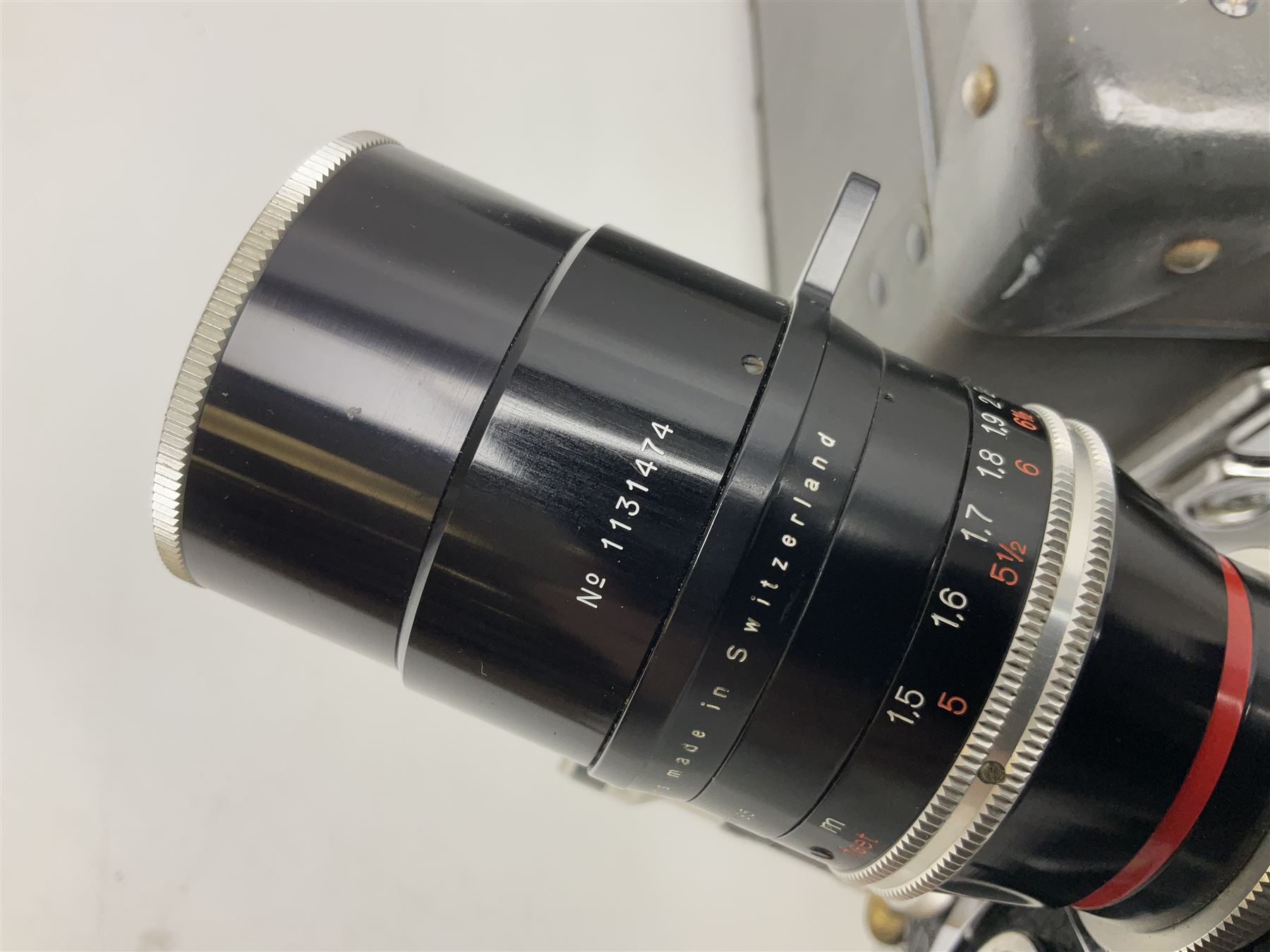 Bolex H16 Reflex camera body, serial no. 136928, with 'Macro-Switar 1:1.9 f=75mm' lens, serial no. 1131474, Switar H16 RX 1:1.6 f=10mm' lens, serial no. 1106324, with hard carry case