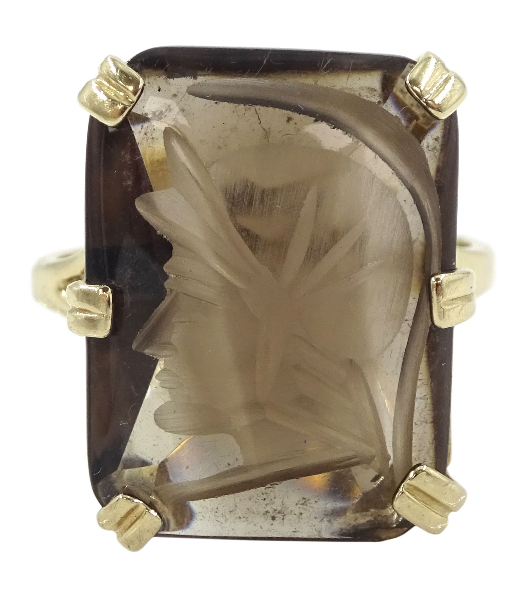 9ct gold smoky quartz intaglio ring, depicting the bust of a Roman soldier, hallmarked