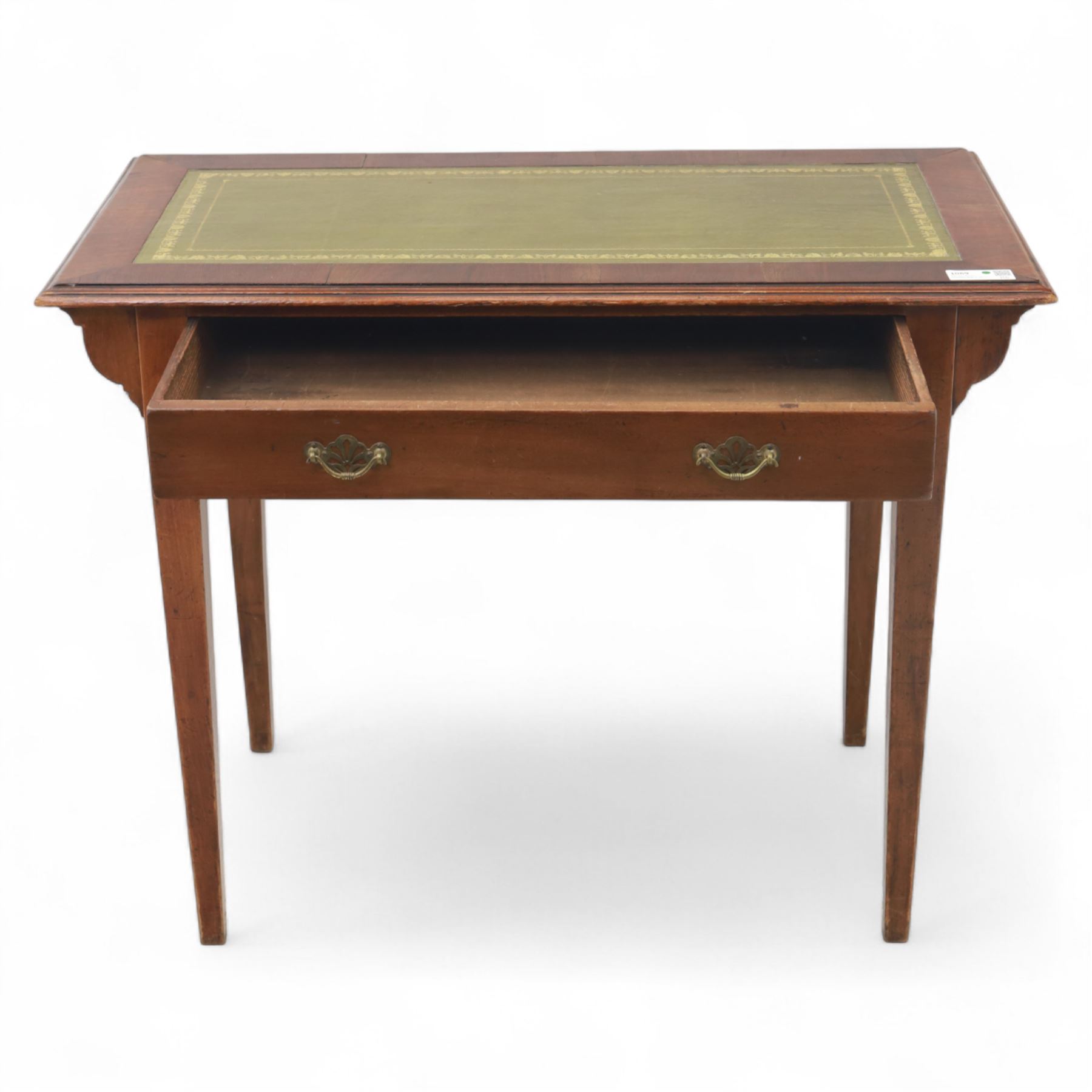 Edwardian writing table, rectangular inset with gilt-tooled leather, single frieze drawer, raised on square-section tapered legs 