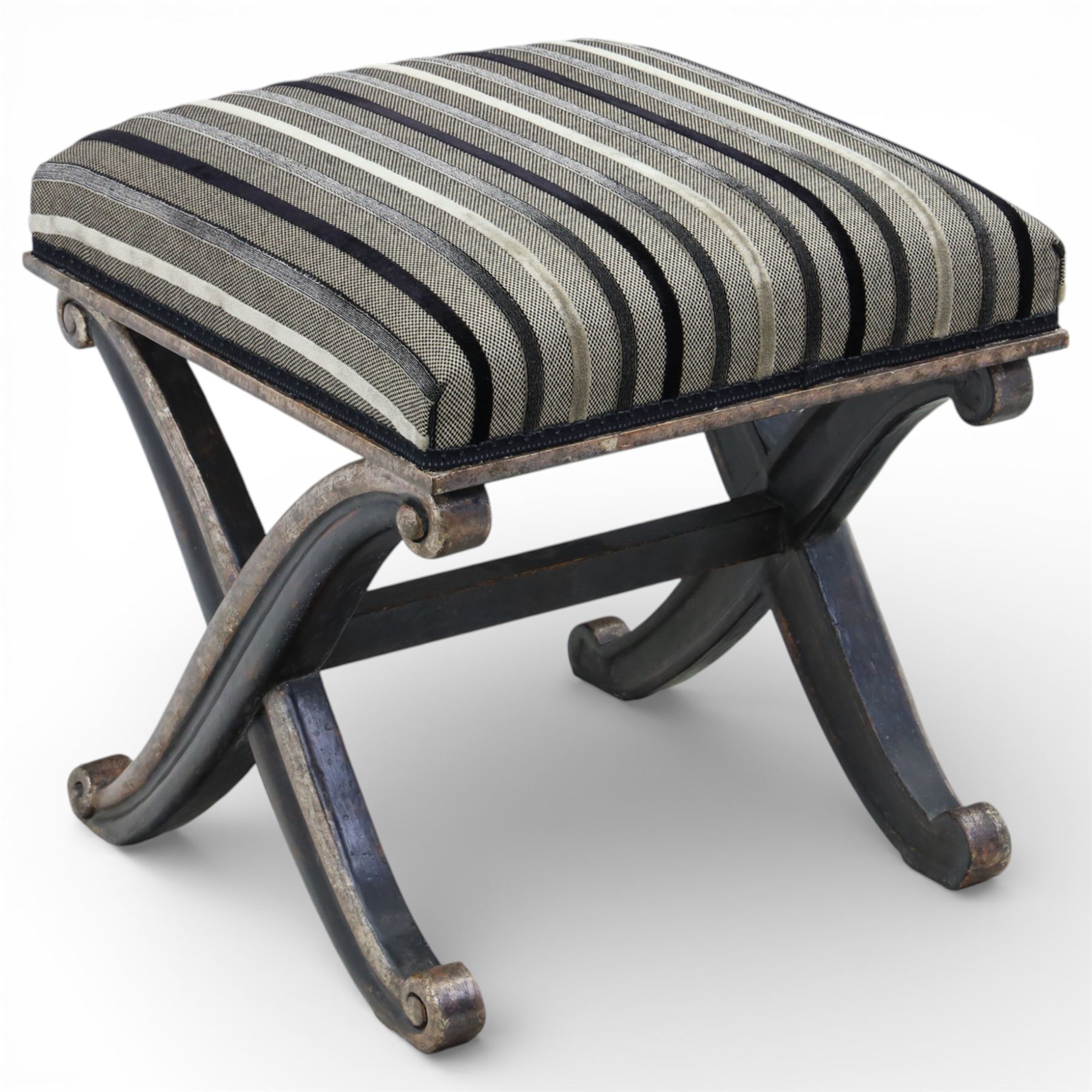 French design dressing table stool, striped upholstery over an X-frame base