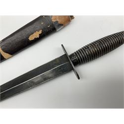 Post WW2 Fairbairn Sykes style black commando knife, no makers name but the handle marked with 'crossed keys *A' L30cm, in part scabbard