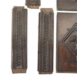 Set of four 17th century carved panels with lozenge decoration, and three further carved panels, lozenge panels approx 36.5cm x 24cm, three further 35cm x 10cm 