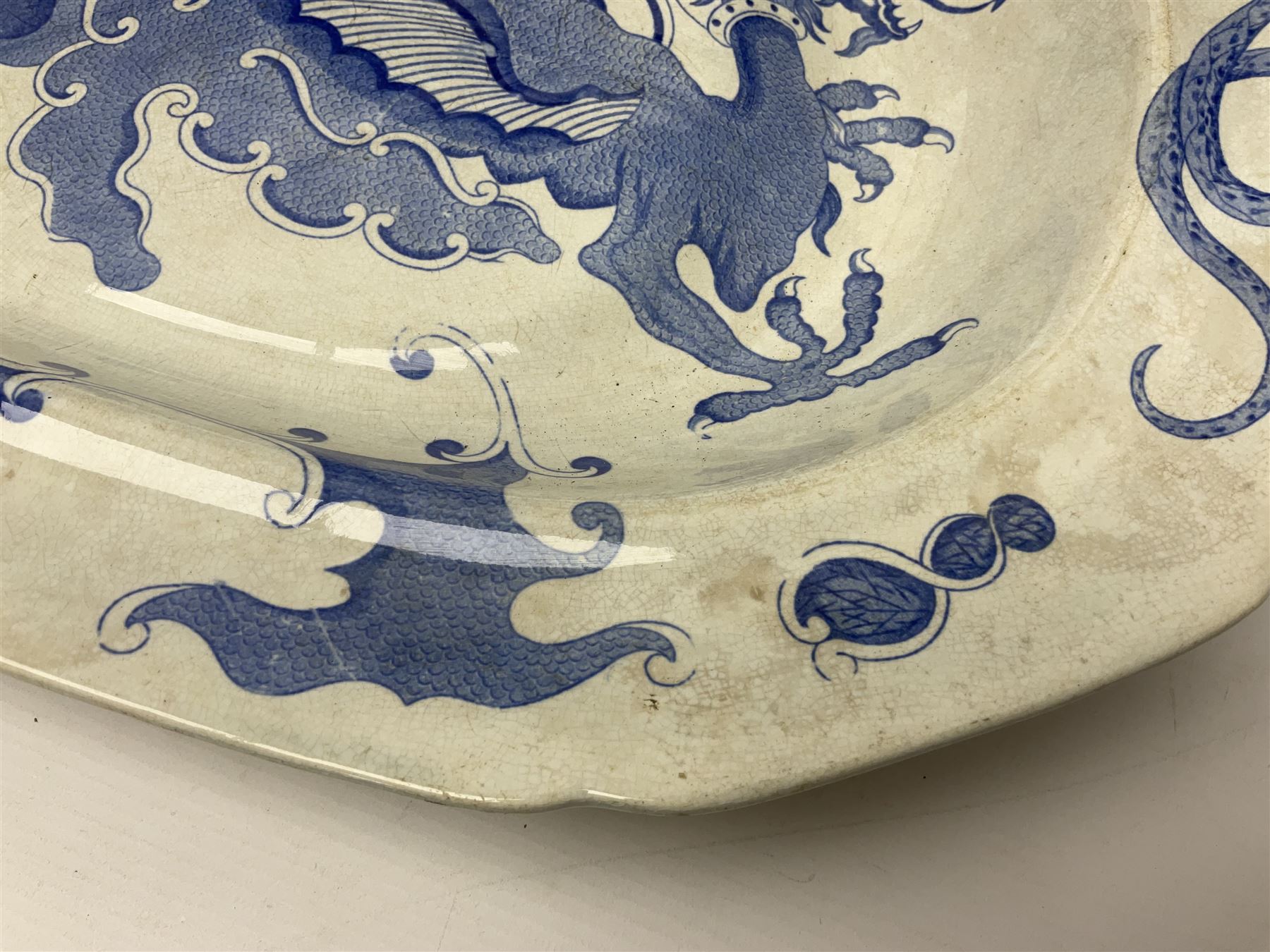 Minton Bombay pattern platter, together with Mason's meat platter, decorated with mythical beast, and two Cauldron Place Opaque China dishes 