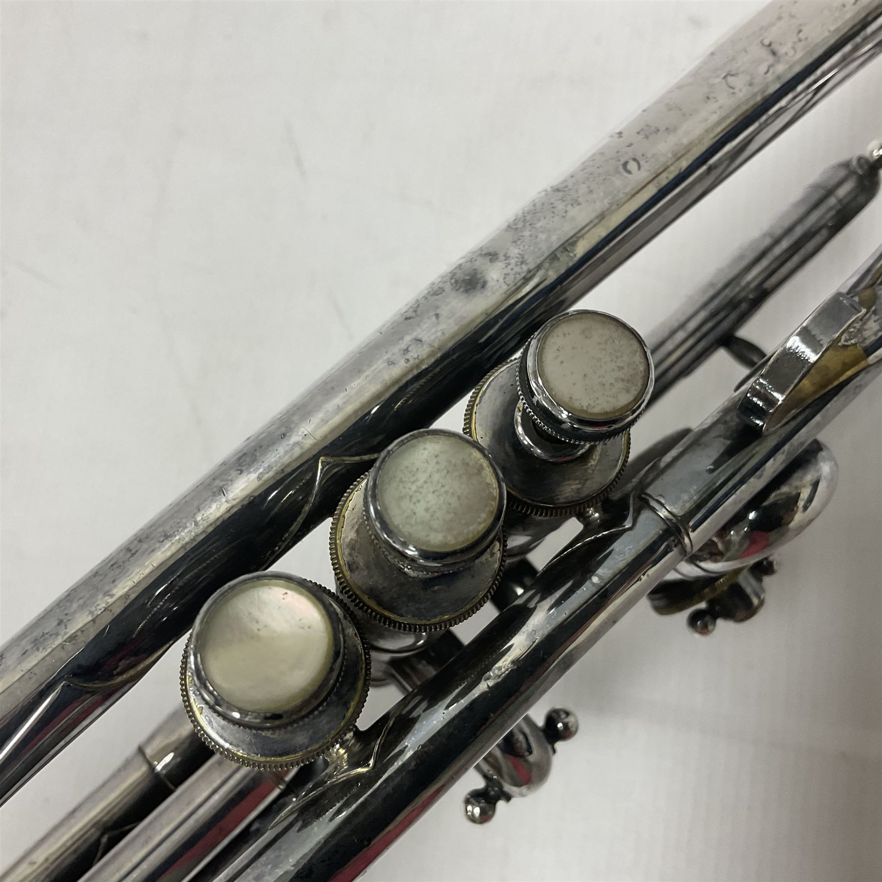 Victorian Class A silver plated trumpet retailed by Kitchen & Co,29 Queen Victoria Street Leeds, 1897 with mouthpiece/slide and in its original felt lined box
