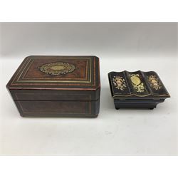 19th century ebonised sewing box with inlaid burr yew panels, and boulle work style brass inlay to the hinged cover, opening to reveal a later fitted interior, upon four ball feet, H13cm W25.5cm D18cm, together with a further later smaller ebonised box of shaped form, (2)