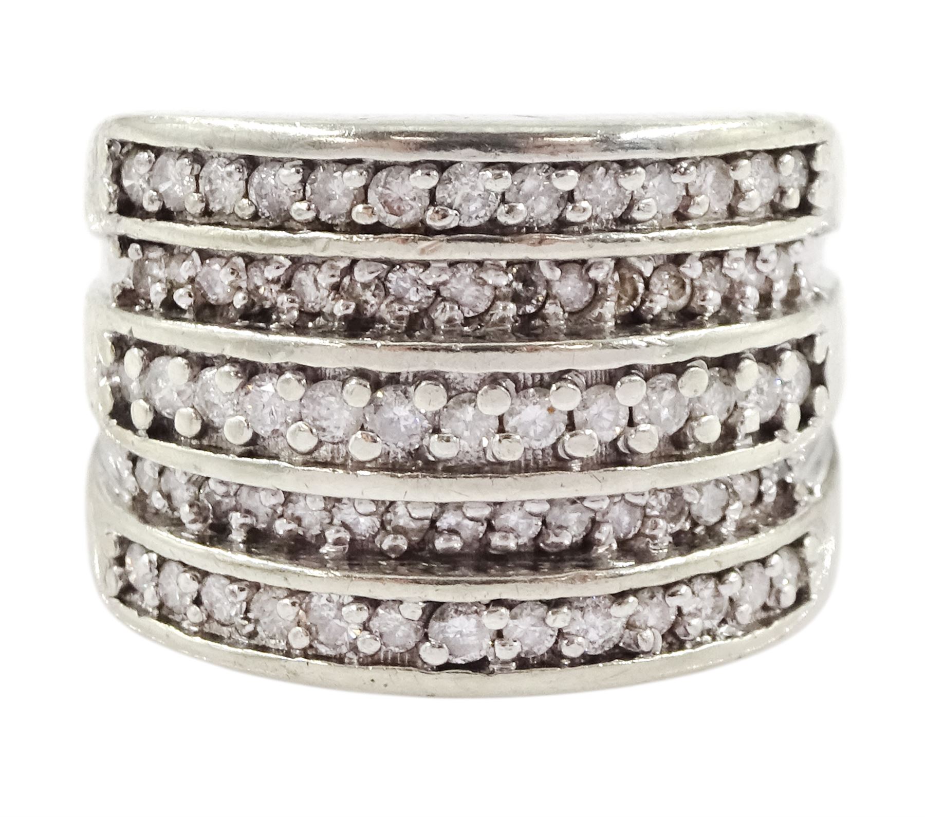 9ct gold five row round brilliant cut diamond half eternity ring, hallmarked, total diamond weight 1.00 carat