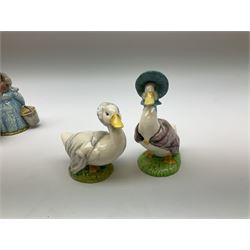 Fifteen Beswick Beatrix Potter figures, comprising Tommy Brock, The Old Woman who live in a Shoe, Samuel Whiskers, Foxy Whiskered Gentleman, Old Mr Brown, Mr Benjamin Bunny and Peter Rabbit, Tailor of Gloucester, Goody Tiptoes, Mr Benjamin Bunny, Diggory Diggory Delvet, Jemima Puddleduck, Aunt Pettitoes, Hunca Munca, Rebeccah Puddle-Duck, and Lady Mouse. 