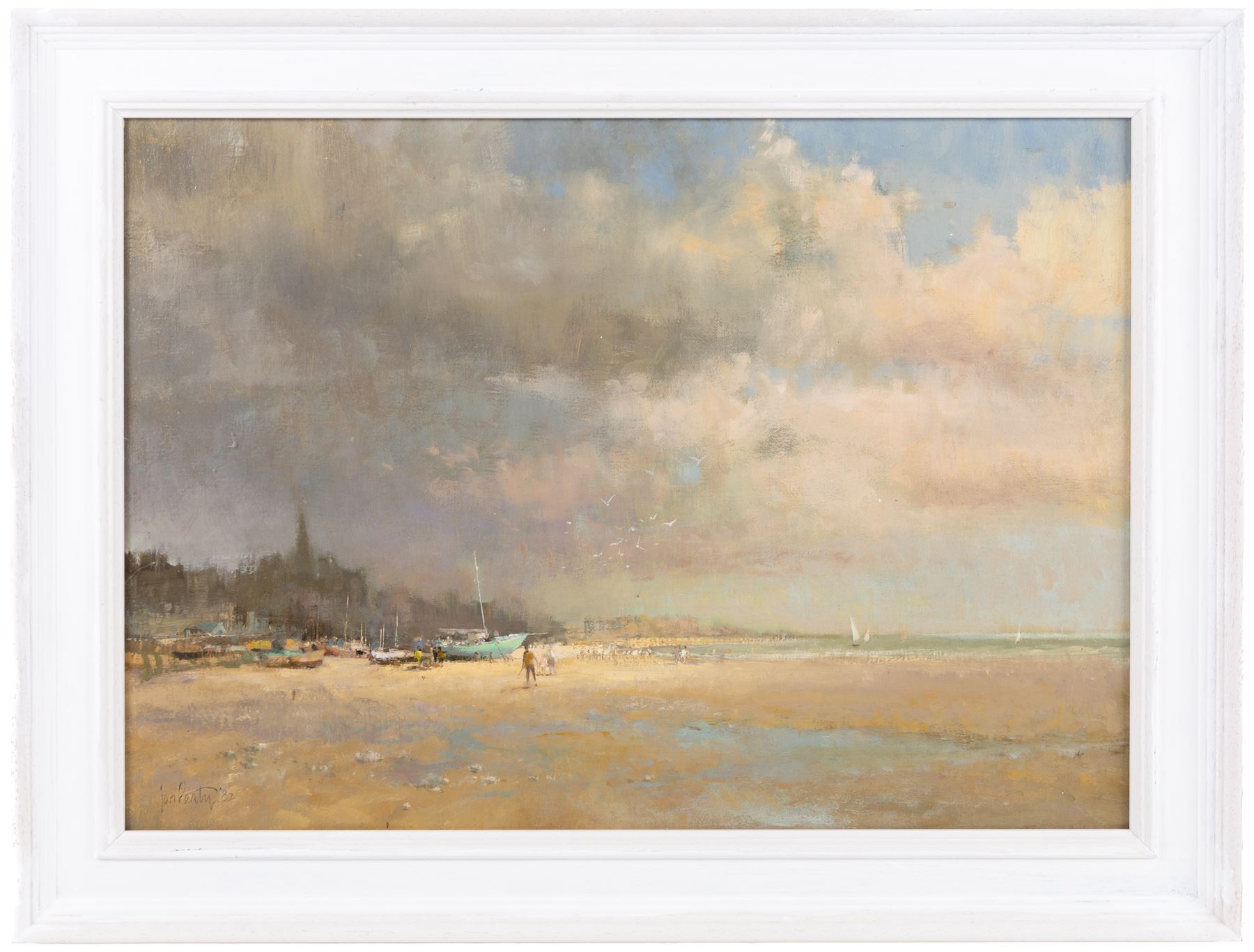 Jon Peaty (British 1914-1991): Beach Scene with Boats, oil on board signed and dated '82, 36cm x 51cm 