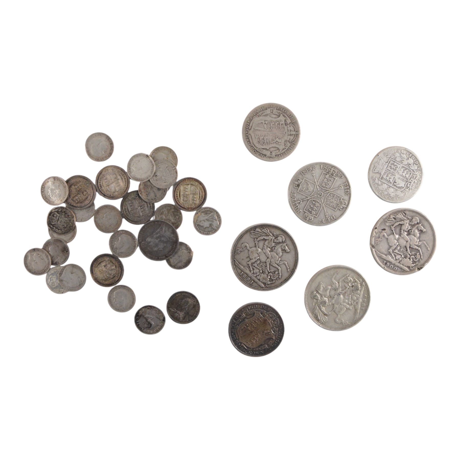 Approximately 198 grams of Great British pre-1920 silver coins, including George III 1763 and 1800 maundy three pence coins, George IIII 1836 maundy four pence, three Queen Victoria crowns, etc