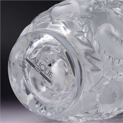 Lalique 'Bagatelle' frosted glass vase, decorated with sparrows in a hedge, marked Lalique France to base, H17cm 