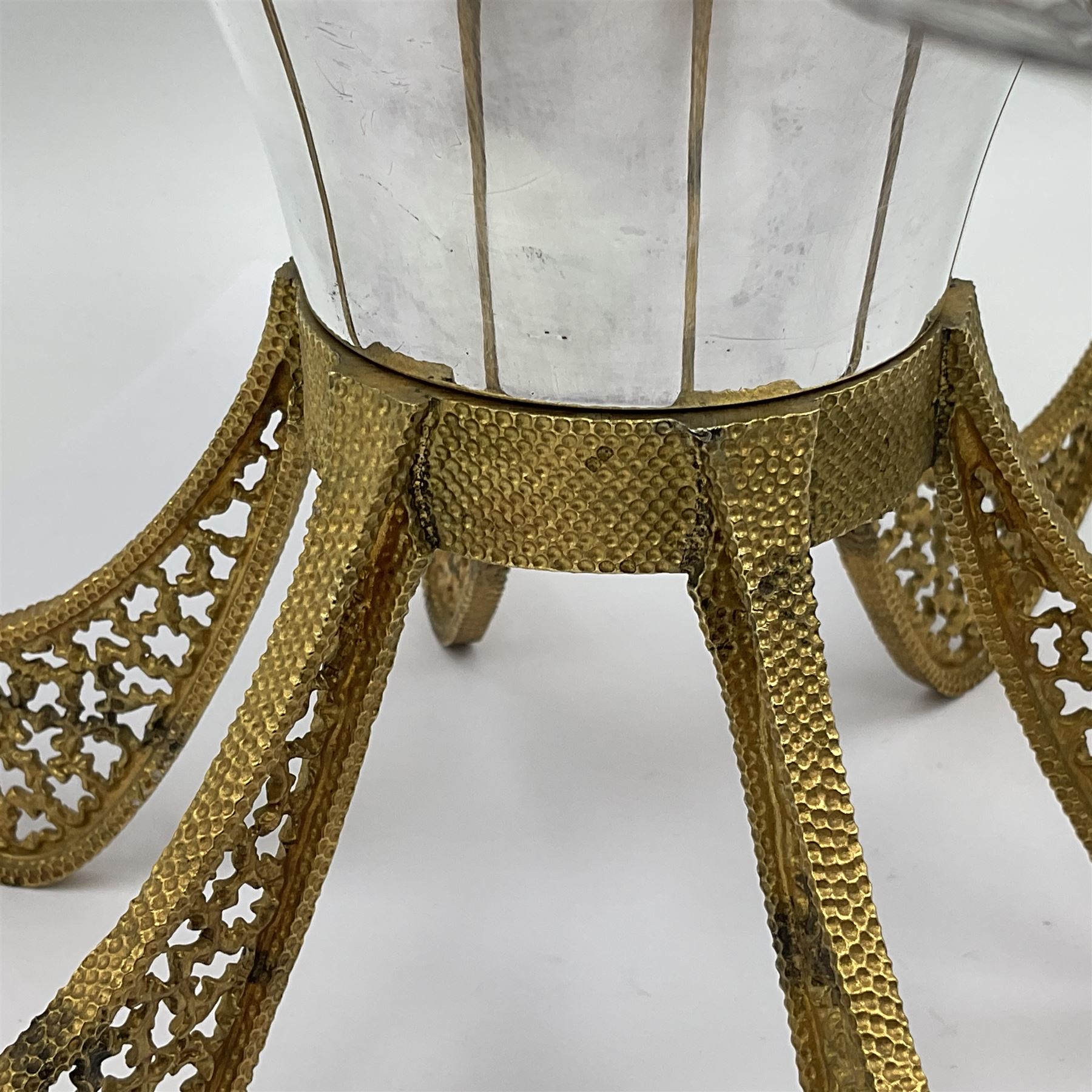 Modernist silver plated candelabra centrepiece by Stuart Devlin, with six pierced gilt branches supporting a central tapering cylindrical rose bowl and six fluted candle holders, with detachable star shaped gilt cover, stamped SD, TG to underside of central bowl, overall H17cm