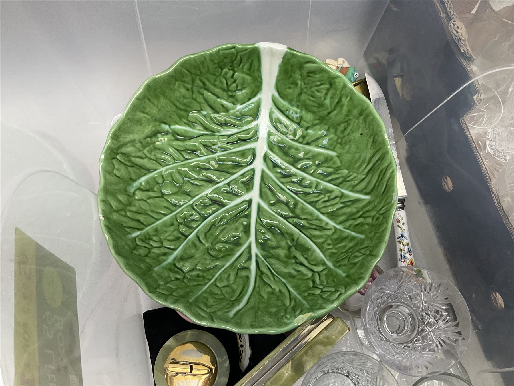 Portuguese Faiancas Belo pottery majolica cabbage leaf dish, together with a similar example, Royal Doulton plate, Portmeirion plant pot, glassware, two silver topped bottles etc, in two boxes  