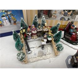 Christmas decorations; Lamax light up English Lane wall hanging, together with Lemax Frolic in the snow, Victorian parkway and other christmas signs and figures