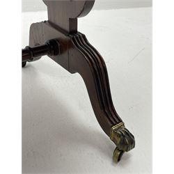 20th century walnut drop leaf sofa table, shaped drop leaf top over two drawers, on lyre shaped end pillars with splayed reeded supports joined by turned stretcher