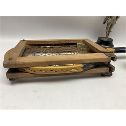 Walking cane, tennis racket, cricket ball (signed) and knight novelty cigarette lighter 