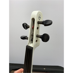 Fender white and black electric violin with 35.5cm back, serial no.KD00060342, 59cm overall, in original Fender fitted hard carrying case with bow