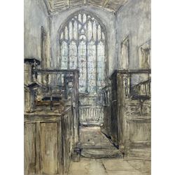 Rowland Henry Hill (Staithes Group 1873-1952): Interior of the Chapel of St Nicholas at Haddon Hall, watercolour heightened in white unsigned 48cm x 35cm 
Notes: a signed view of the exterior of Haddon Hall by Hill is on long-term loan to Bushey Museum. An early example of the artist’s work c.1909 displaying his more muted palette.