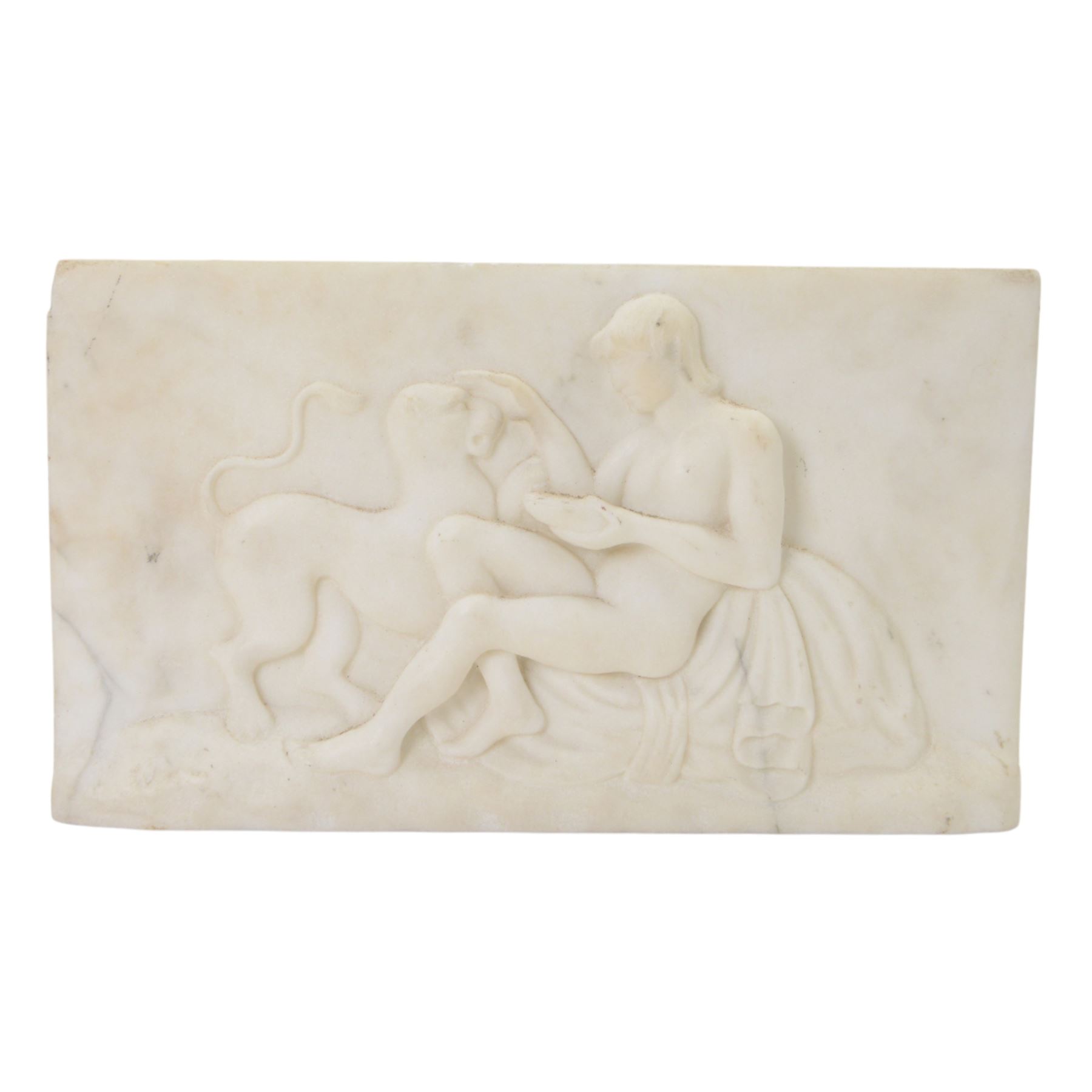 Neoclassical marble relief, depicting a nude figure with a big cat, H19cm, L34cm