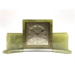Mid to late 20th century green onyx mantel clock timepiece by 'Elliot', the square silver dial with Roman chapter ring, signed 'W. Greenwood & Sons Leeds'