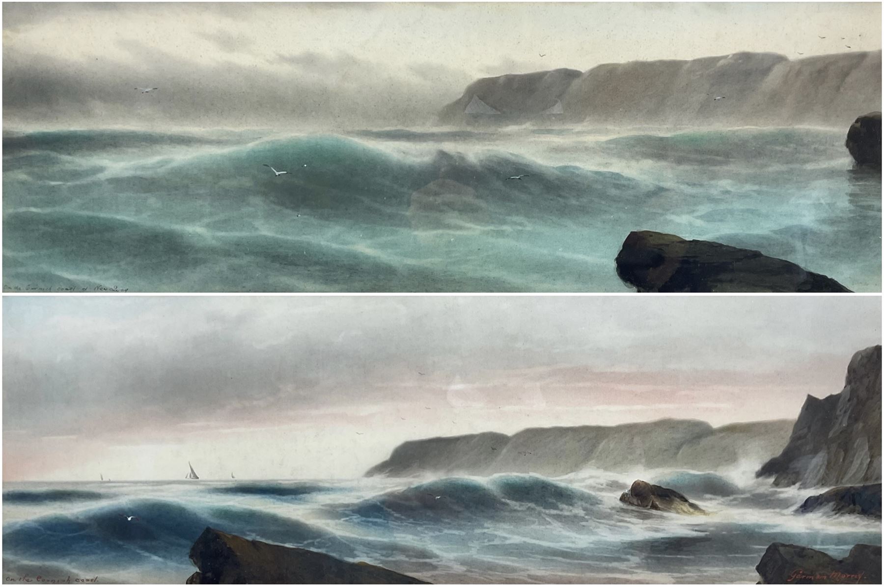 Garman Morris (British fl.1900-1930): ‘On the Cornish Coast at Newquay’, pair watercolours signed and titled 18cm x 53cm (2)