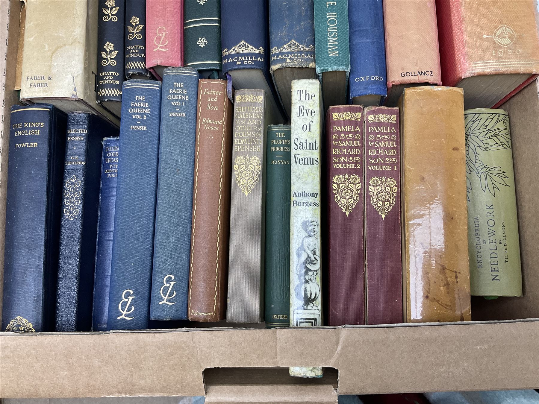 Quantity of early 20th century and later books to include leather and cloth bound examples, to include examples published by J.M Dent & Co, W.M Thackeray, Collins, Poems by Tennyson, etc, many with gilt detailing, in two boxes