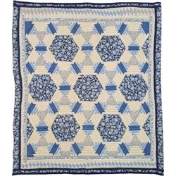 Contemporary blue and white quilted blanket, or hanging tapestry, signed Jeanette Boillieu...