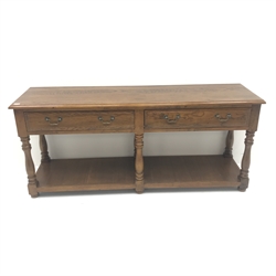  20th century medium oak dresser base, moulded top above two drawers, baluster supports joined by potboard base, W180cm, H79cm, D50cm  