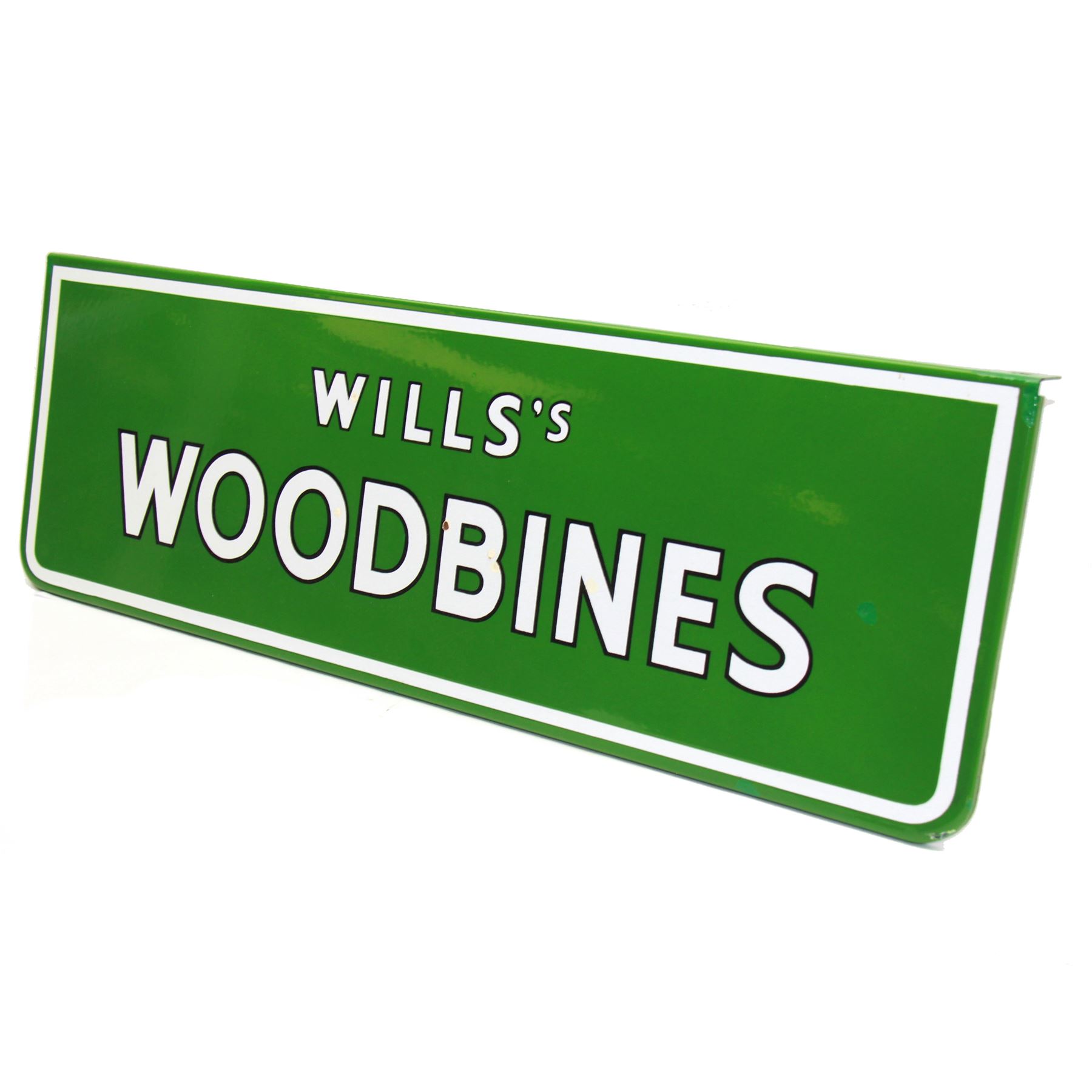 Wills's Woodbine enamel advertising sign, with white and black lettering on a green ground, W73.5cm, H23cm