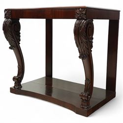 Regency style late 19th century mahogany and Italian specimen marble top console table, rectangular top inlaid with a chequered arrangement of various coloured marbles within a mahogany border, above a plain frieze raised on bold acanthus carved scroll supports over a concave plinth base