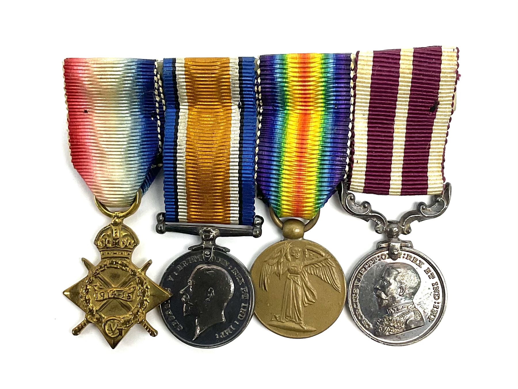 WW1 group of four miniature medals comprising 1914-15 Star, British War Medal, Victory Medal and George V Army meritorious Service Medal, on bar with ribbons