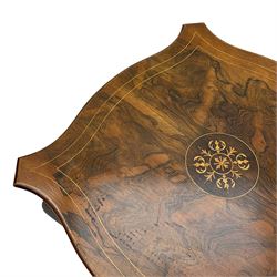 20th century inlaid walnut two-tier occasional table, shaped square top with foliate inlay and boxwood stringing, on cabriole supports united by undertier