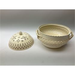 Large 20th century Leeds pottery basket and cover, of bulbous form with pierced detail and twin rope handle, with impressed mark beneath, H23cm D25cm