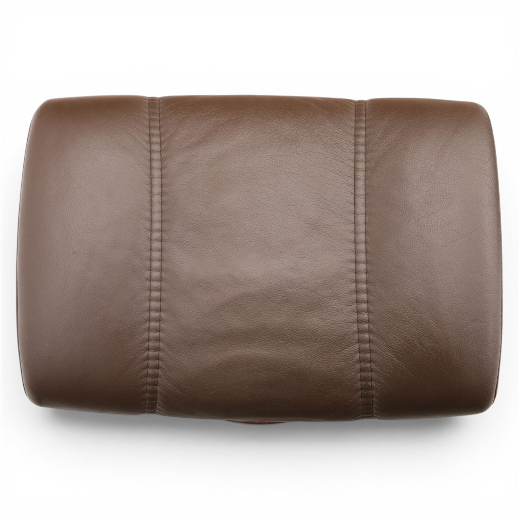 Ekornes - Stressless small brown leather recliner swiveling armchair and stool, brown leather recline with stitching, together with a matching stool, on a round base