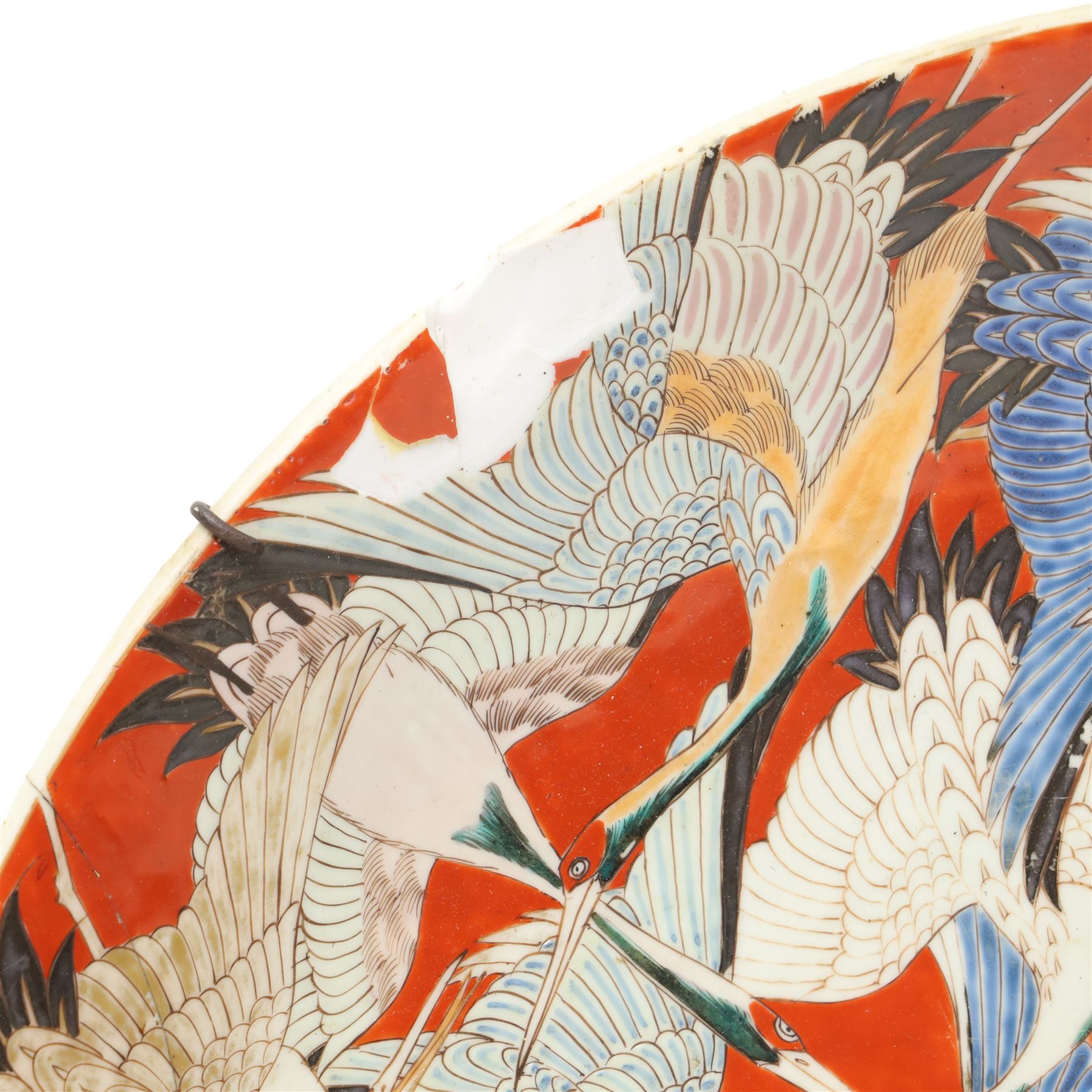 Large Japanese charger profusely decorated with cranes, six character mark in underglaze blue to base, D60cm 