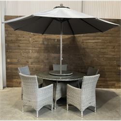 LeisureGrow circular rattan garden table, with lazy Susan, five armchairs with cushions, parasol and weighted base, with glass tops