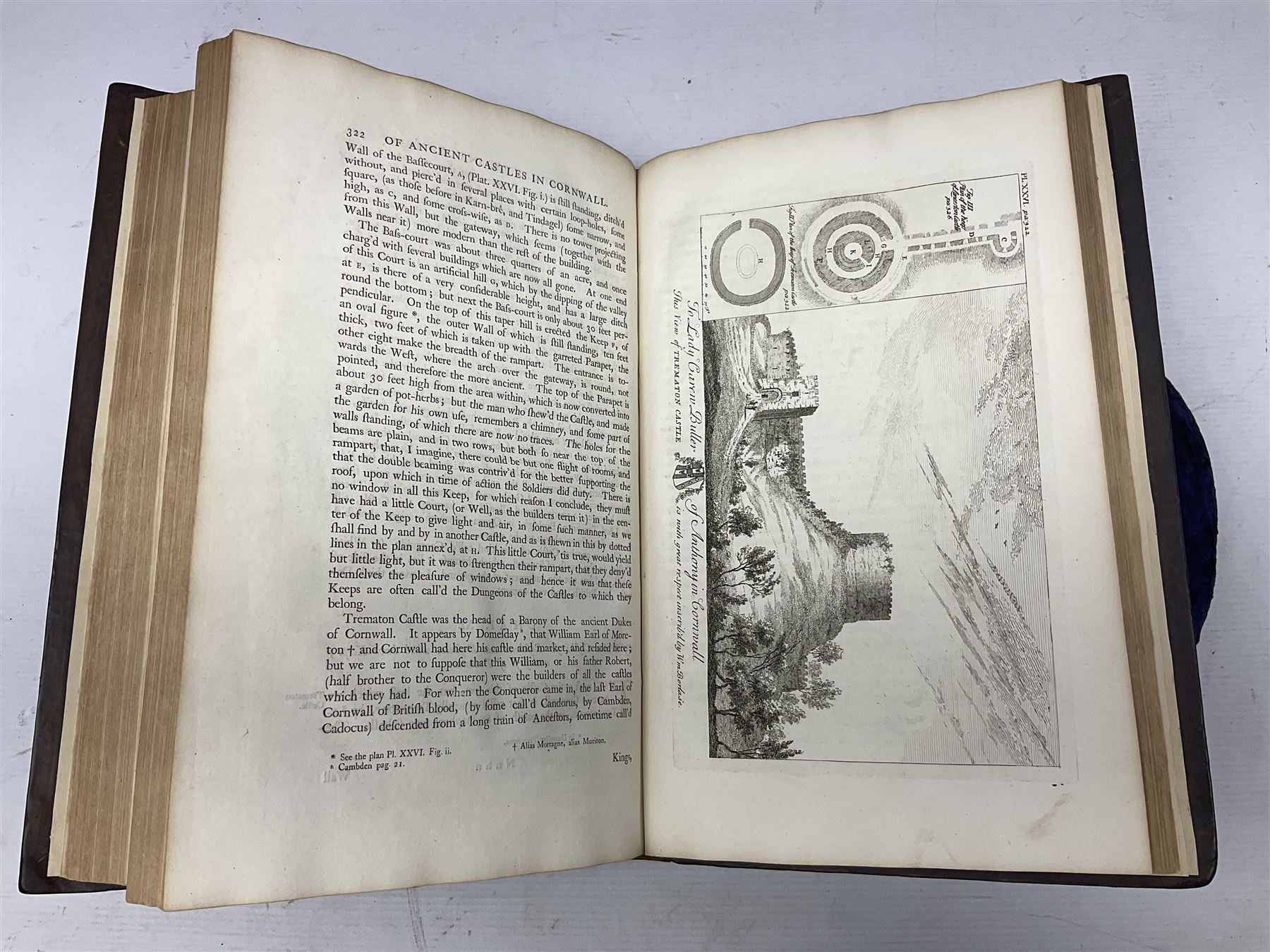 William Borlase; Observations on the Antiquities Historical and Monumental of the County of Cornwall, 1754, printed by W. Jackson, High Street, Oxford, leather bound iwth gilt detailing and lettering to spine
