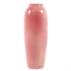 Pair Ault Pottery vases, decorated with swallows in flight upon a pink ground, H22cm