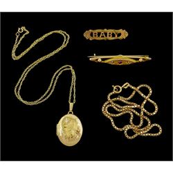 9ct gold jewellery including gold locket necklace, box links and stone set brooch and a gilt 'Baby' brooch