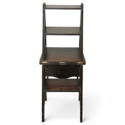 Arts & Crafts oak metamorphic chair, circular panelled back above hinged seat opening into a set of library steps with brass securing straps, circa 1900