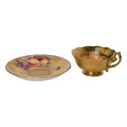 Royal Worcester fruit painted cabinet teacup and saucer, interior hand painted with apples...