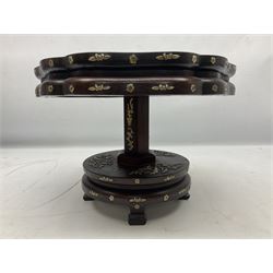 Chinese hardwood pedestal stand, decorated with bone inlay depicting figures and various motifs, H21cm D30cm
