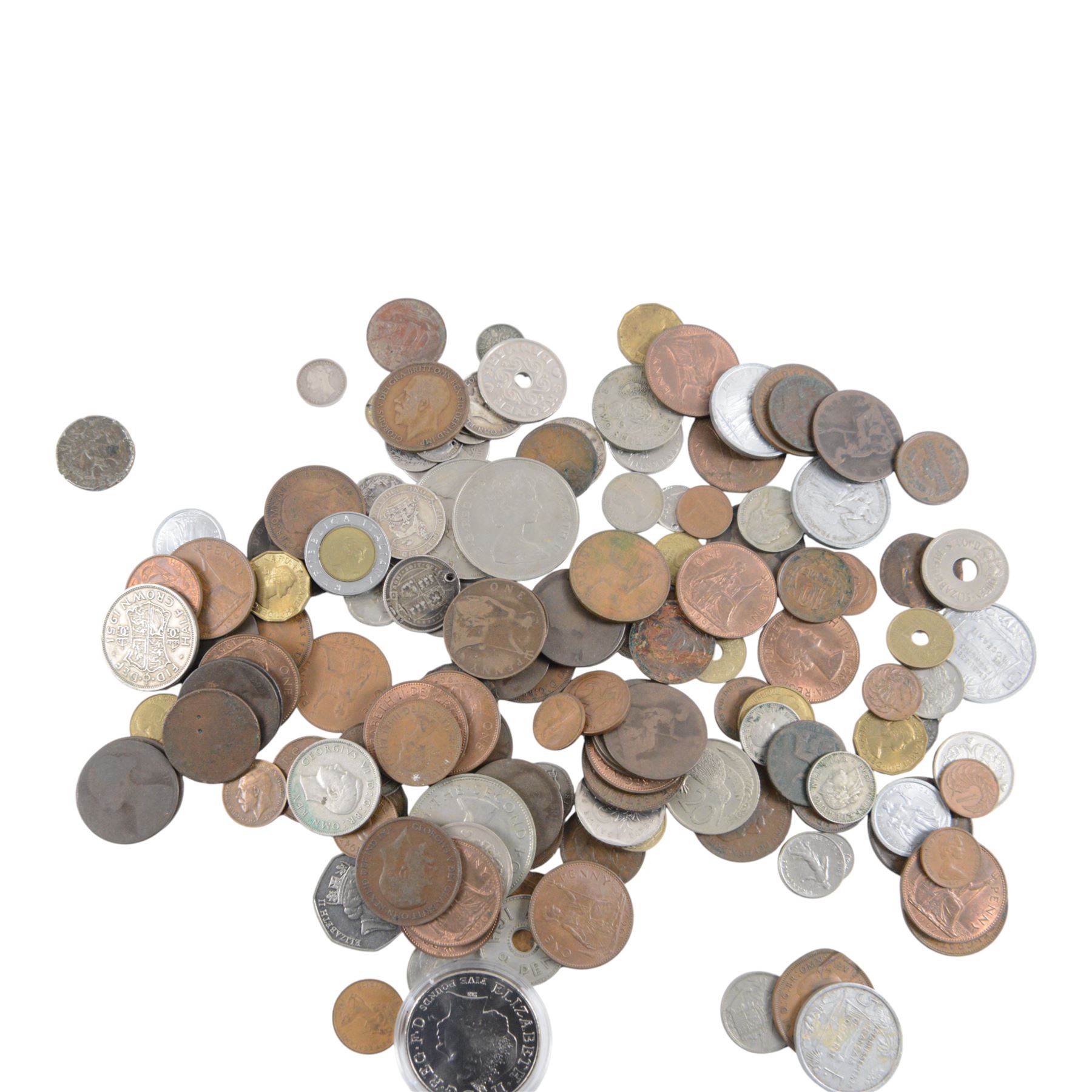 Approximately 34 grams of Great British pre-1920 and approximately 5 grams of pre-1947 silver coins, together with a Queen Elizabeth II 2005 'Trafalgar' five pound coin, three French banknotes, and further coins